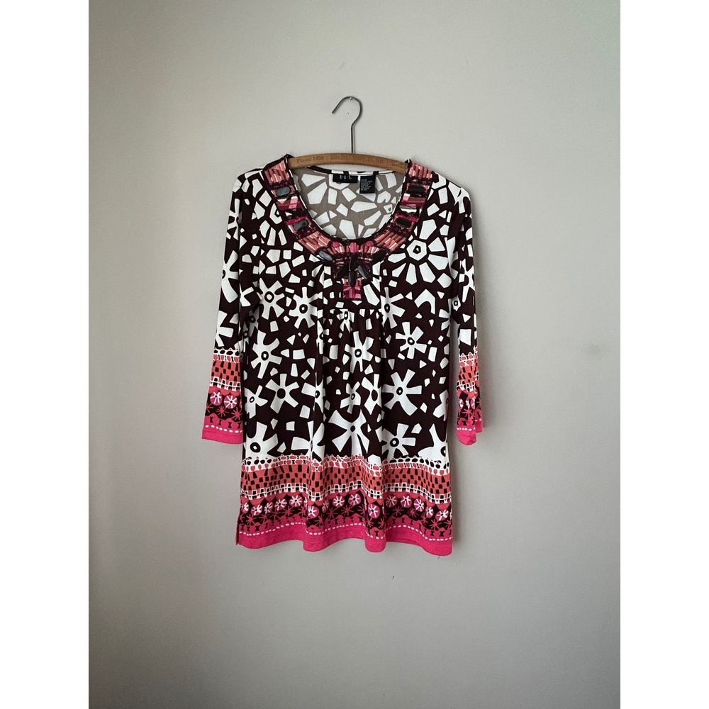 Y2k 2000s Brown White Pink Beaded‎ Tunic Top Geometric Women's M Indie Boho